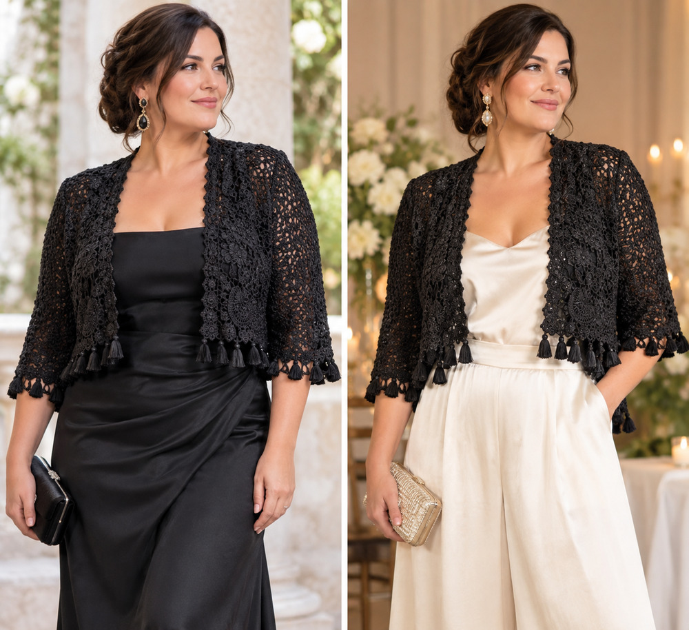 Oscar de la Renta Black Crochet Bolero XL Open Front Tassel Statement Jacket